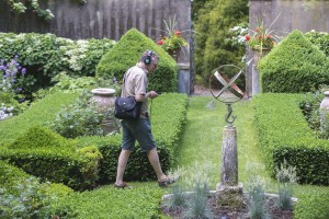 Listener in Betsey Biggs' Sunken Garden installation (Photo by Gabe Palacio)